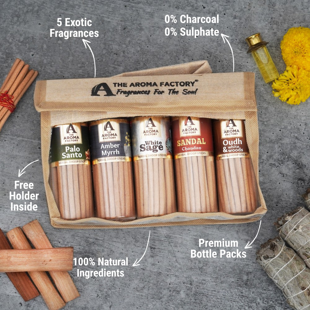 The Aroma Factory Dhoop Batti Set (Palo Santo, Amber & Myrrh, White Sage, Chandan, Oudh & White Woods) Herbal Dhup Sticks in Jute Bag, 5 Bottles x 100g