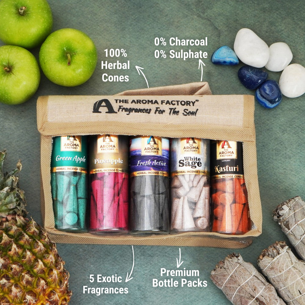 The Aroma Factory Incense Cone Set (Green Apple, Pineapple, Fresh Active, White Sage, Musk) Dhoop Cones, Pack of 5 x 30 Cones