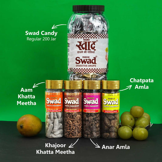 Swad Mukhwas & Candy Combo (Khatta Meetha Aam Papad,khatta Meetaha khajoor,Anar Amla,Chatpata Amla,Swad Digestive 200 Candies Jar) 5 Units