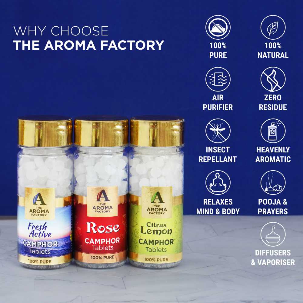 The Aroma Factory 100% Pure Camphor Tablets Fresh Active, Rose & Citrus Lemon Fragrances Pack of 3 Bottle