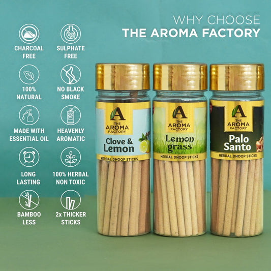 The Aroma Factory Dhoop batti, No Bamboo Herbal Dhoop Sticks with Incense Holder, 3 Bottle x 100g (Clove & Lemon, Lemongrass & Palo Santo)