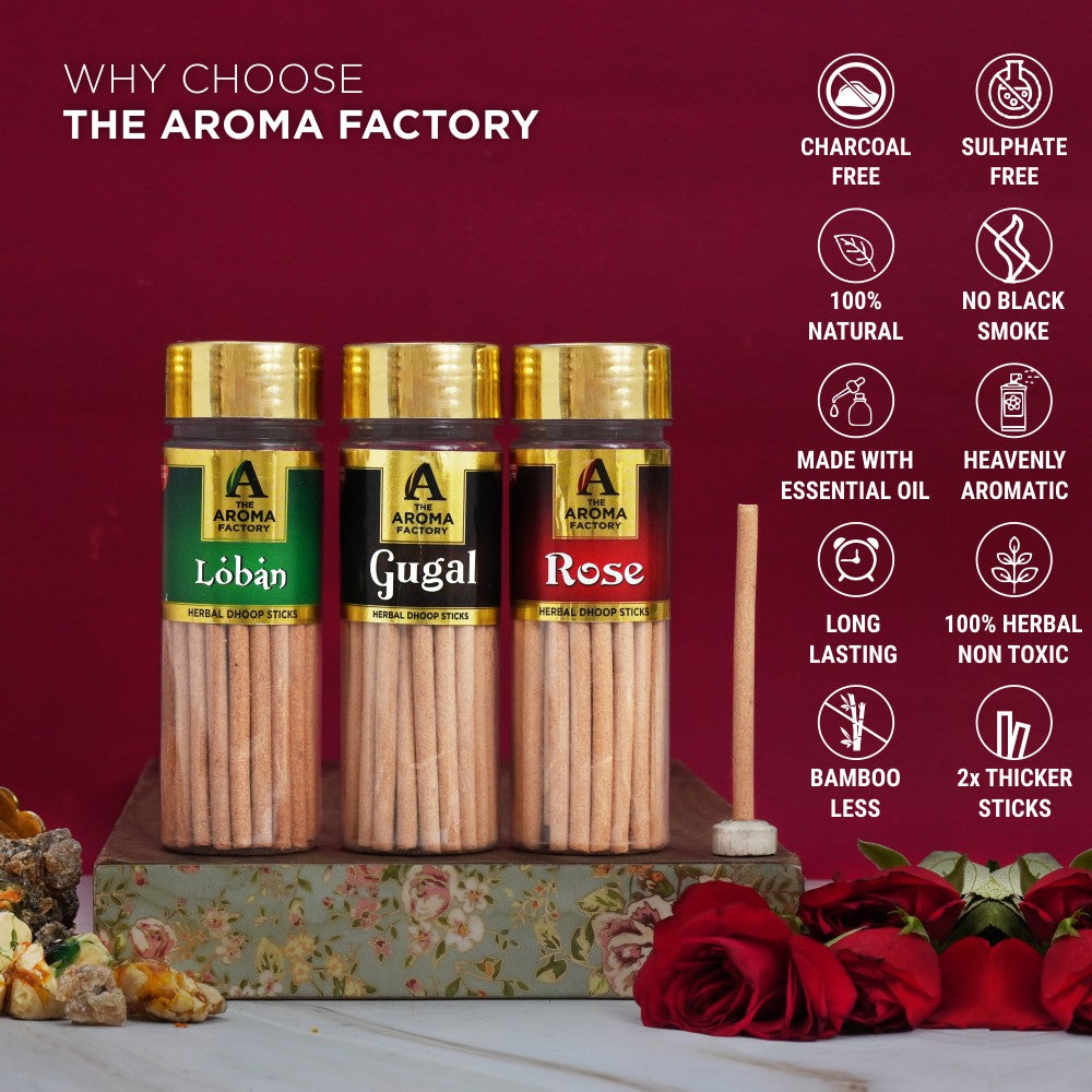 The Aroma Factory Loban, Gugal & Rose Dhoop Batti for Pooja with dhup Incense Holder Stand, Best for Long Lasting Fragrances (Bottle Pack of 3x100g)
