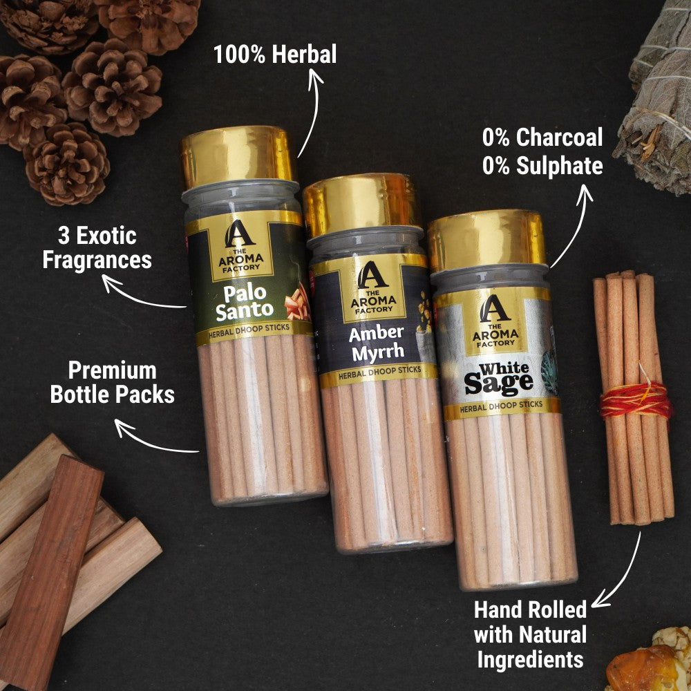 The Aroma Factory Dhoop batti, No Bamboo Herbal Dhoop Sticks with Incense Holder, 3 Bottle x 100 g (Palo Santo, Amber & Myrrh & White Sage)