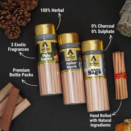 The Aroma Factory Dhoop batti, No Bamboo Herbal Dhoop Sticks with Incense Holder, 3 Bottle x 100 g (Palo Santo, Amber & Myrrh & White Sage)