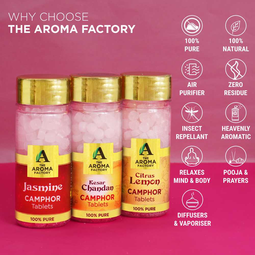 The Aroma Factory 100% Pure Camphor Tablets Jasmine,Kesar Chandan & Citrus Lemon Fragrances Pack of 3 Bottle