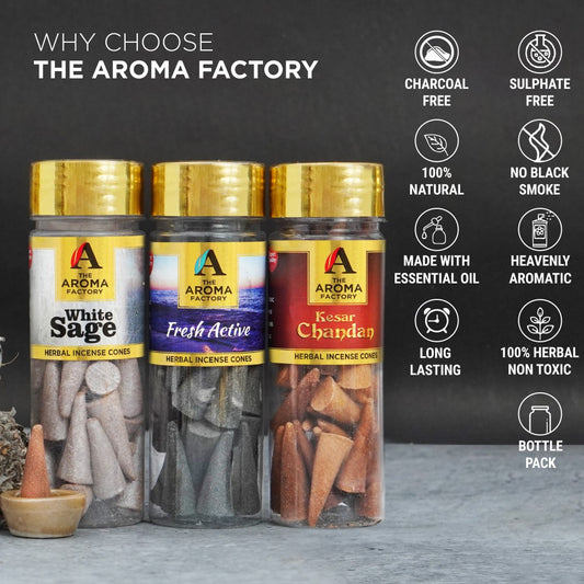 The Aroma Factory Organic Incense Dhoop Cones (White Sage, Fresh Active & Saffron Sandal) Zero Charcoal | No Bamboo | 100% Herbal Fragrance | Hand Made | Assorted, 3 x 90g