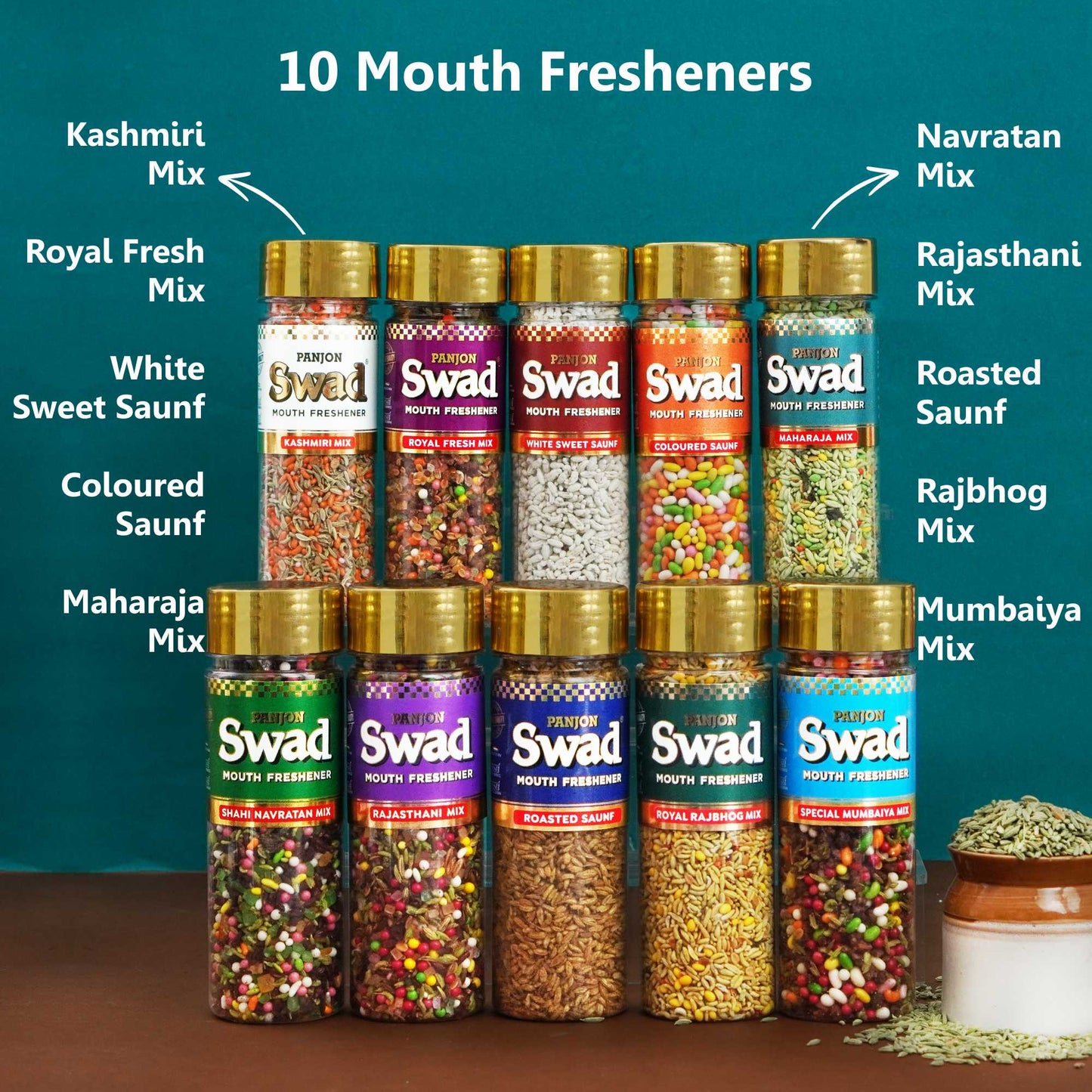 Panjon Swad Combo (Kashmiri Mix, Royal Fresh,White Saunf, Coloured Saunf, Maharaja Mix, Navratan Mix, Rajasthani Mix, Roasted Saunf, Rajbhog Mix, Mumbaiya Mix) 10 Units, 1.9 kg