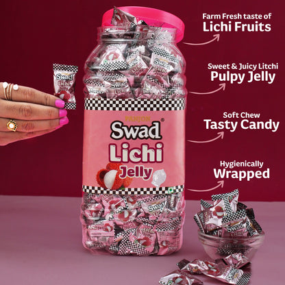 Swad Litchi Jelly Candy, Soft & Chewy Lichi Fruit Sweets, 900g Jar