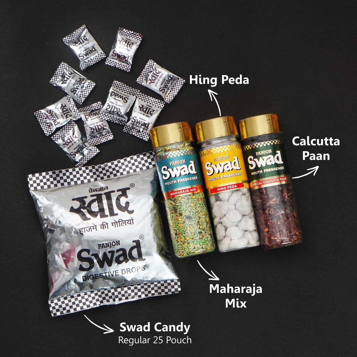 Swad Mukhwas & Candy Combo (Maharaja Mix ,Hing Peda,Calcutta Paan,25 Candies Pack)4 Units