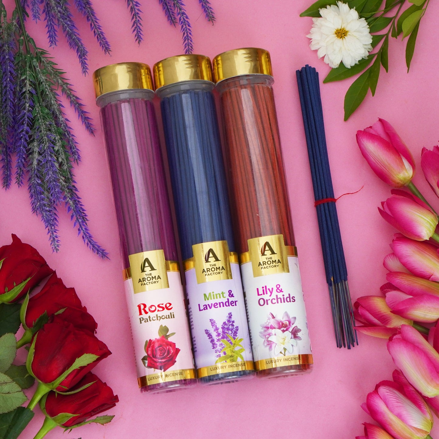 The Aroma Factory Organic Incense Sticks (Herbal Agarbatti for Smudging, Cleansing) 0% Charcoal, 0% Sulphur, 3 x 100g Bottle (Rose Patchouli, Mint & Lavender & Lily & Orchid)