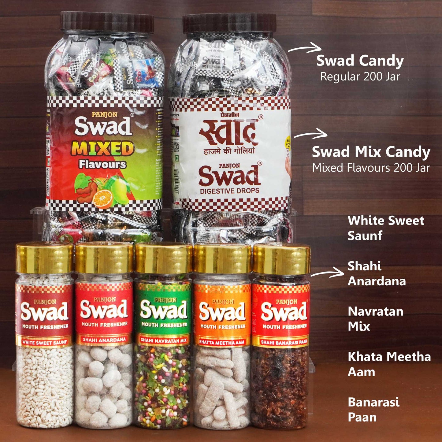 Panjon Swad Combo (White Saunf,Anardana ,Navratan Mix, AamPapad,Banarasi Paan, Swad Mixed & Digestive 200 Candies Jar) 7 Units