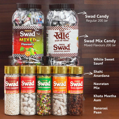 Panjon Swad Combo (White Saunf,Anardana ,Navratan Mix, AamPapad,Banarasi Paan, Swad Mixed & Digestive 200 Candies Jar) 7 Units