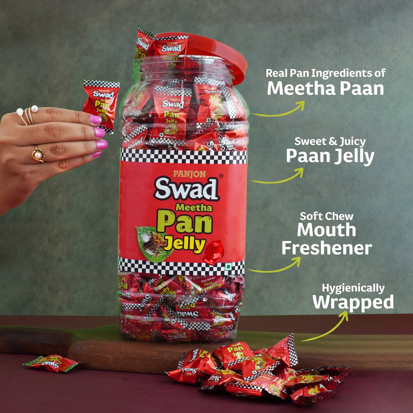 Swad Paan Jelly Candy, Soft & Chewy Assorted Sweets, 900g Jar