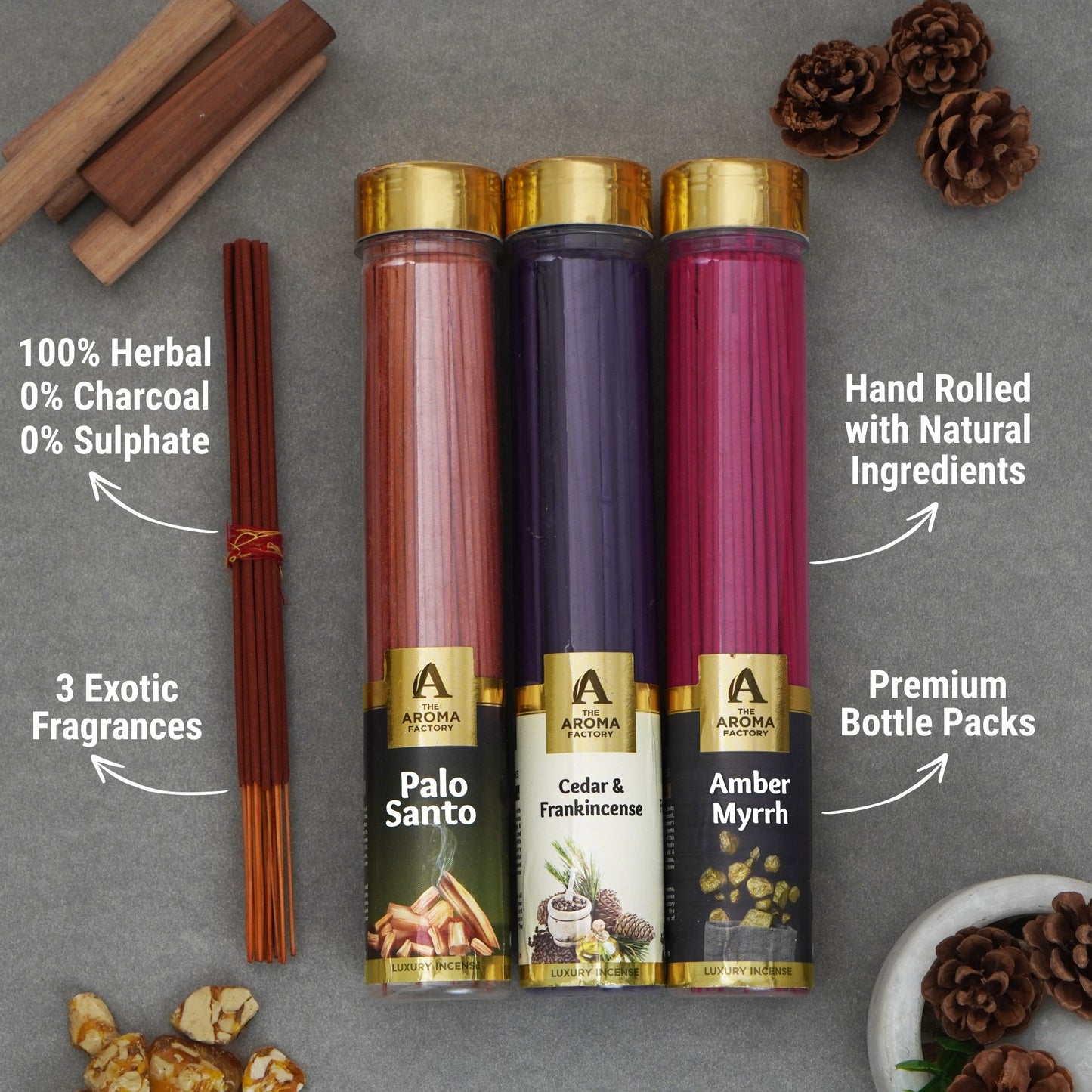 The Aroma Factory Organic Incense Sticks (Herbal Agarbatti for Smudging, Cleansing) 0% Charcoal, 0% Sulphur, 3 x 100g Bottle ( Palo Santo, Cedar & Frankincense & Amber Myrrh)
