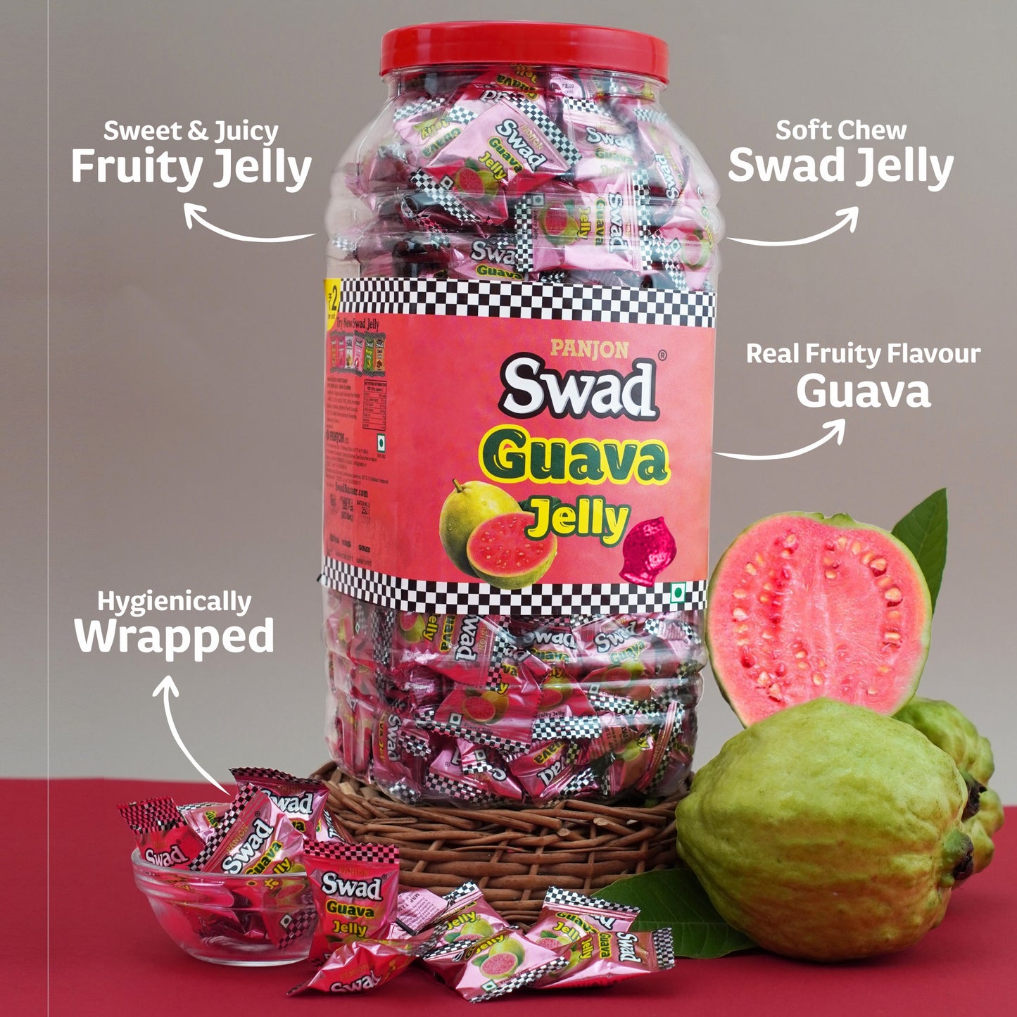 Swad Guava Jelly Candy, Soft & Chewy Fruit Sweets, 900g Jar