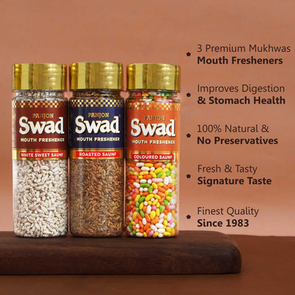 Panjon Swad Saunf Mukhwas Gift set (White Sweet Saunf, Roasted Saunf, Coloured Saunf ) 3 Bottles, 360 grams