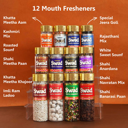 Panjon Swad Digestive Mouth Freshener | Rajasthani, Roasted Saunf, Kashmiri, Banarasi, Meetha Pan, White Sweet Saunf, Navratan Mix, Anardana, Khajoor, Jeera Goli,Imli Ram Ladoo,Khatta Meetha Aam | Pack of 12