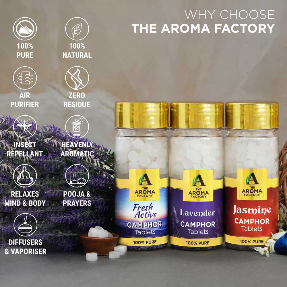 The Aroma Factory 100% Pure Camphor Tablets Fresh Acctive,Lavender & Jasmine  Fragrances Pack of 3 Bottle