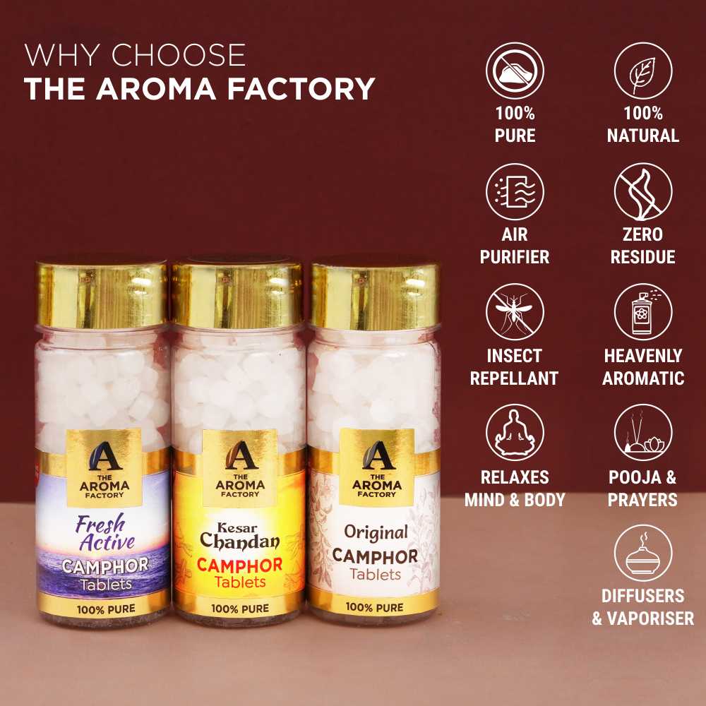 The Aroma Factory 100% Pure Camphor Tablets Fresh Active,Kesar Chandan & Original Fragrances Pack of 3 Bottle