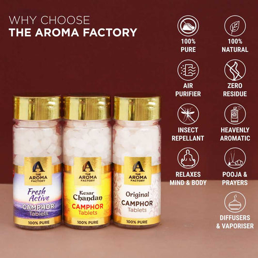 The Aroma Factory 100% Pure Camphor Tablets Fresh Active,Kesar Chandan & Original Fragrances Pack of 3 Bottle
