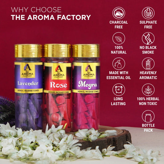 The Aroma Factory Organic Incense Dhoop Cones ( Lavender, Rose , Mogra ) Zero Charcoal | No Bamboo | 100% Herbal Fragrance | Assorted Pooja Mixed Dhoop Combo, 3 x 90g