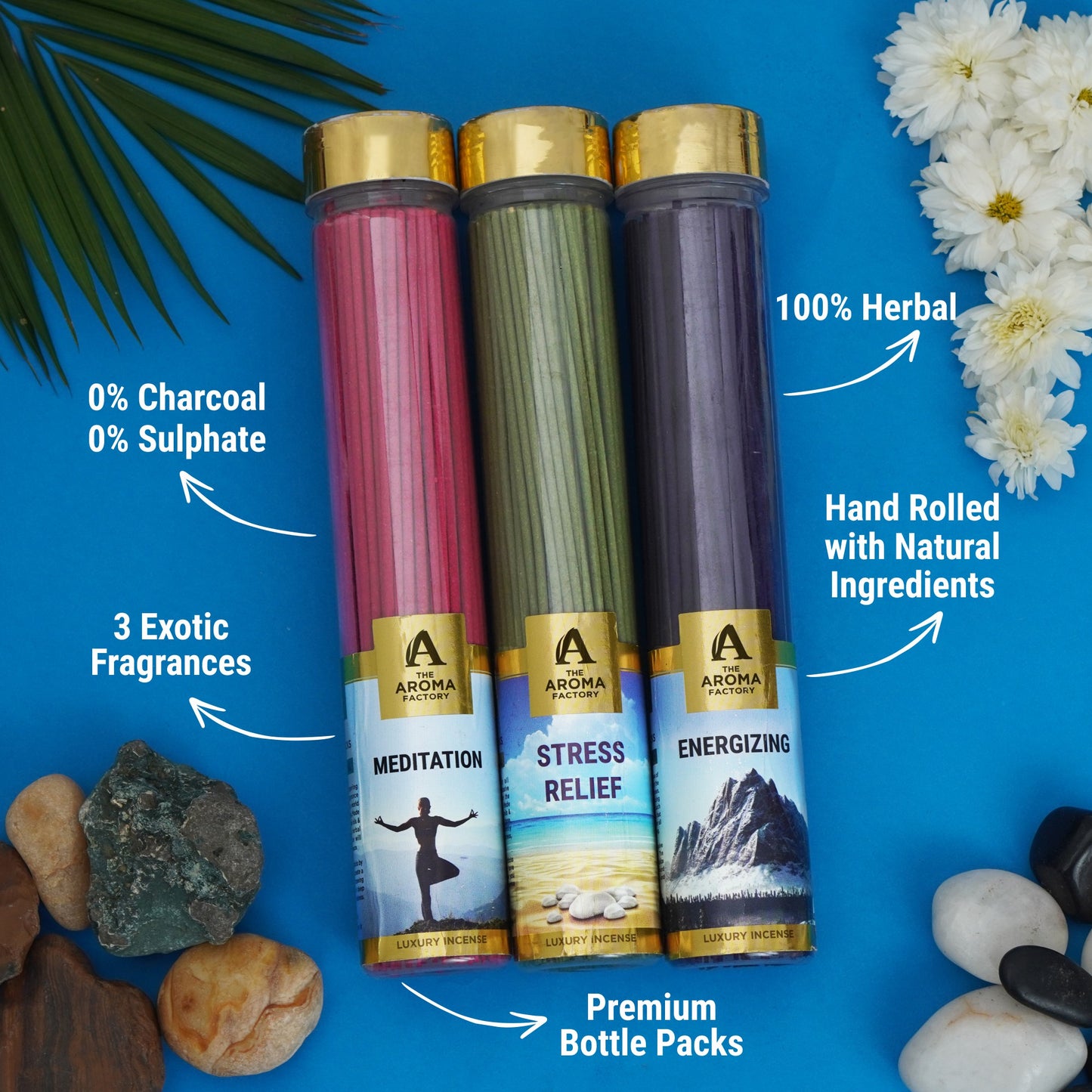 The Aroma Factory Organic Incense Sticks (Herbal Agarbatti for Smudging, Cleansing) 0% Charcoal, 0% Sulphur, 3 x 100g Bottle (Meditation, Stress Relief & Energizing)