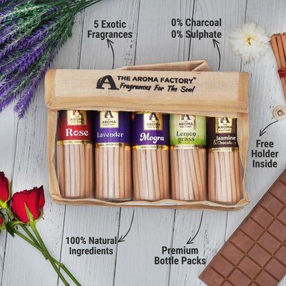 The Aroma Factory Dhoop Batti Set (Rose, Lavender, Jasmine & Chocolate, Lemongrass, Mogra) Herbal Dhup Sticks in Jute Bag, 5 Bottles x 100g