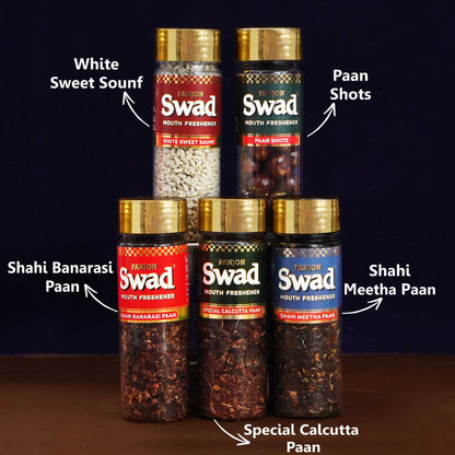 Panjon Swad Pan Mukhwas Combo (Banarasi, Calcutta, Shahi Meetha Paan, White Sweet Saunf, Paan Shots Mouthfreshener) 5 bottles, 790g