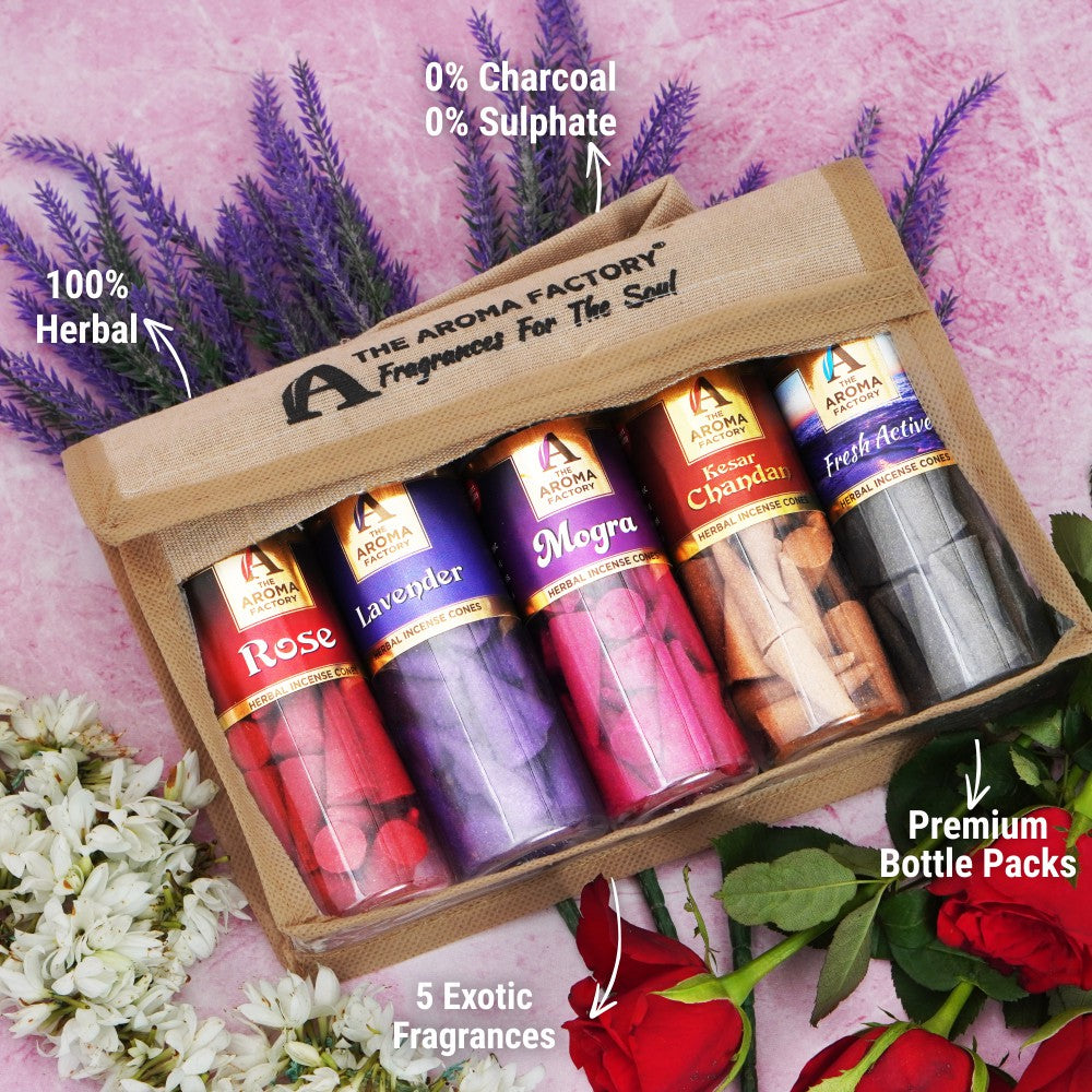 The Aroma Factory Incense Cone Set(Gugal, Loban, Kesar Chandan, Oudh, White Sage) Dhoop Cones, Pack of 5X 30 Cones