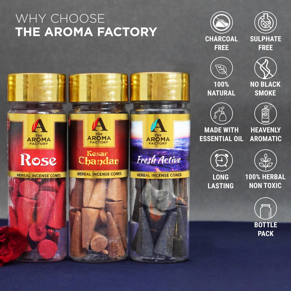 The Aroma Factory Organic Incense Dhoop Cones ( Rose , Kesar Chandan, Fresh Active ) No Charcoal | No Bamboo | 100% Herbal Fragrance | Assorted Pooja Dhoop, 3 x 90g