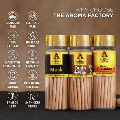 The Aroma Factory Dhoop batti, No Bamboo Herbal Dhoop Sticks with Incense Holder, 3 Bottle x 100 g (Kasturi Musk, Oudh & White Woods & Kesar Chandan)