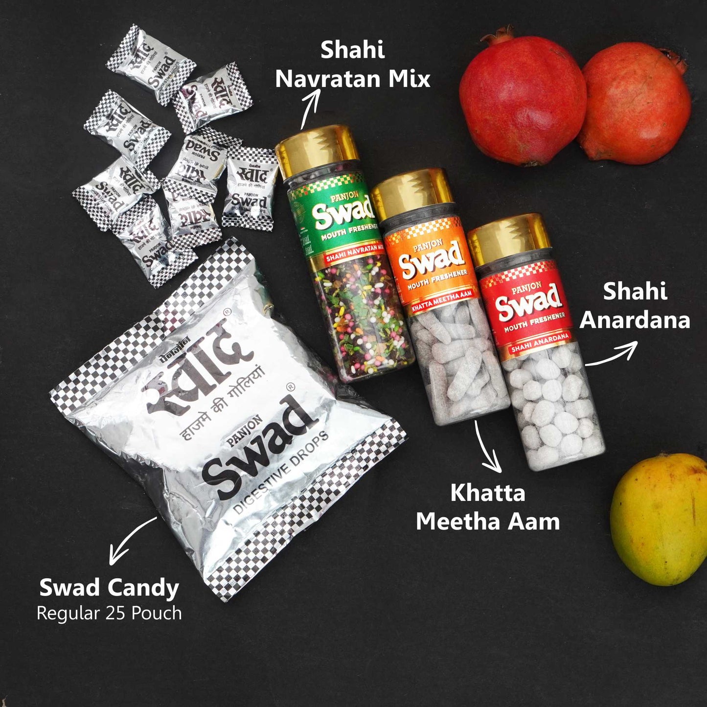 Swad Mukhwas & Candy Combo (Navratan mix,Khatta Meetha aam ,Anardana,25 Candies Pack) 4 Units