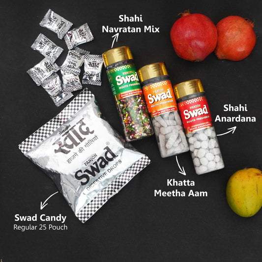 Swad Mukhwas & Candy Combo (Navratan mix,Khatta Meetha aam ,Anardana,25 Candies Pack) 4 Units