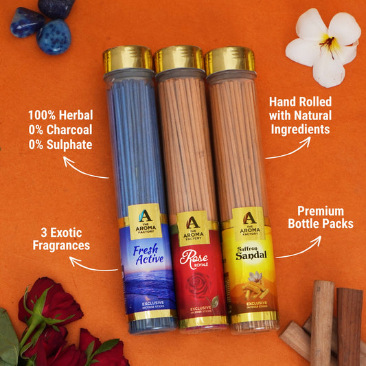 The Aroma Factory Rose,Saffron Sandal & Fresh Active Agarbatti for Pooja,Luxury Incense Sticks,100% Herbal Fragrance Agarbathi (Bottle Pack of 3x100g)