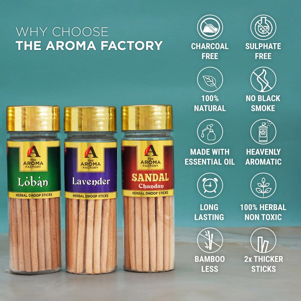 The Aroma Factory Organic Loban, Lavender & Sandal Chandan Dhoop Batti Sticks for Pooja with dhup Incense Holder Stand,Best for Long Lasting Fragrances (Pack of 3x100g)