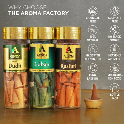 The Aroma Factory Organic Incense Dhoop Cones ( Oudh, Loban, Musk ) No Charcoal | No Bamboo | 100% Herbal Fragrance | Assorted Pooja Dhoop, 3 x 90g