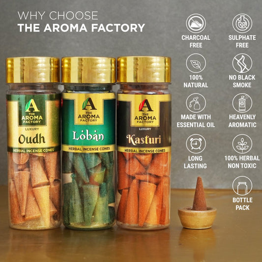 The Aroma Factory Organic Incense Dhoop Cones ( Oudh, Loban, Musk ) No Charcoal | No Bamboo | 100% Herbal Fragrance | Assorted Pooja Dhoop, 3 x 90g