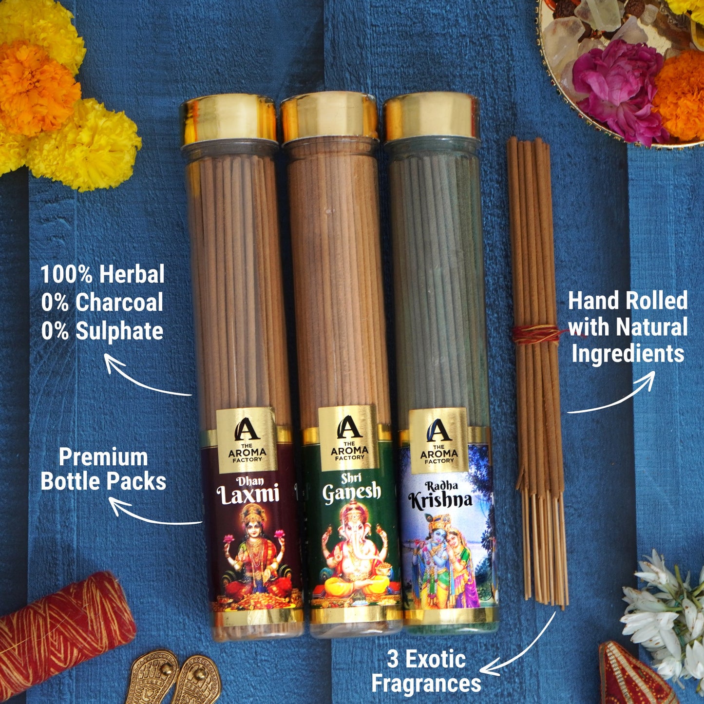 The Aroma Factory Laxmi,Shri Ganesh & Radha Krishna Agarbatti for Pooja,Luxury Incense Sticks,100% Herbal Fragrance Agarbathi (Bottle Pack of 3x100g)
