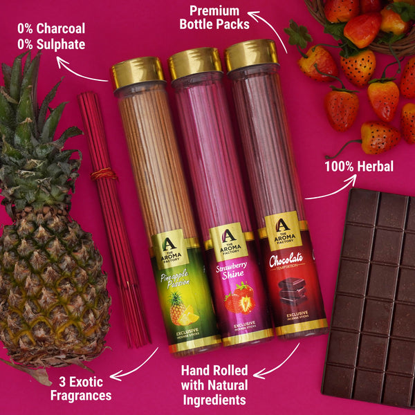 The Aroma Factory Pineapple Passion,Strawberry,Chocolate Agarbatti for Pooja,Luxury Incense,100% Herbal Fragrance Agarbathi(Bottle Pack of 3x100g)