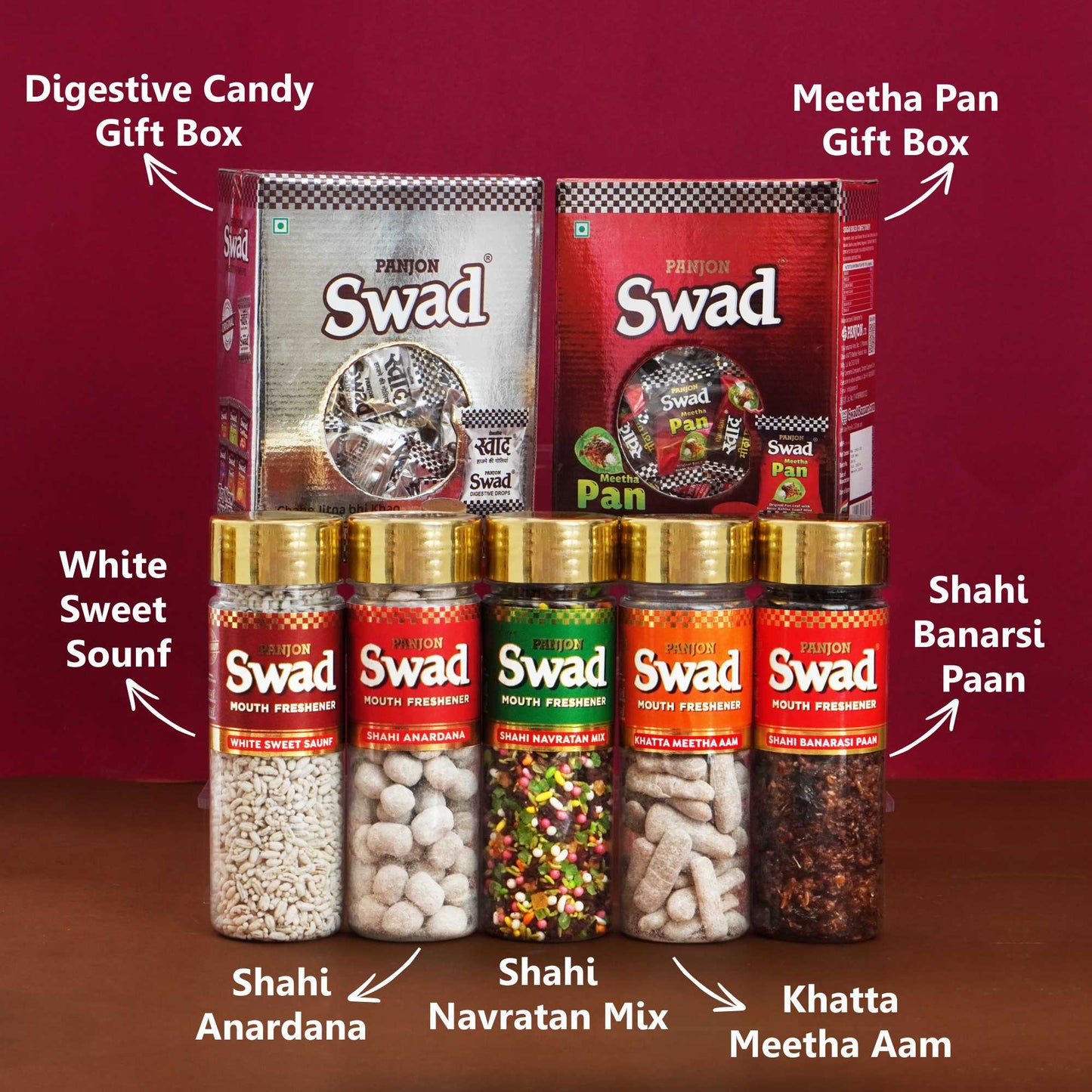 Panjon Swad Mukhwas & Gift Box Combo (Navratan mix,Khatta Meetha Aam ,Anardana,Banarasi Paan ,White Sweet Saunf, Digestive & Meetha Paan Candies (2 x 125 Gift Box) 7 Units