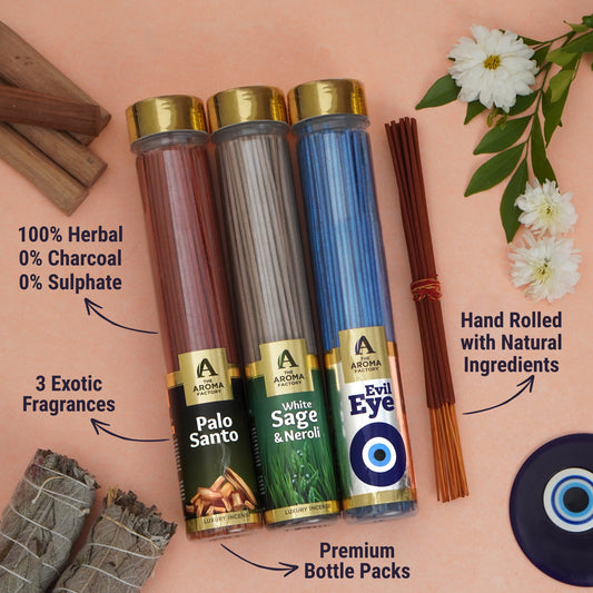 The Aroma Factory Organic Incense Sticks (Herbal Agarbatti for Smudging, Cleansing) 0% Charcoal, 0% Sulphur, 3 x 100g Bottle (Palo Santo, White Sage & Neroli & Evil Eye)