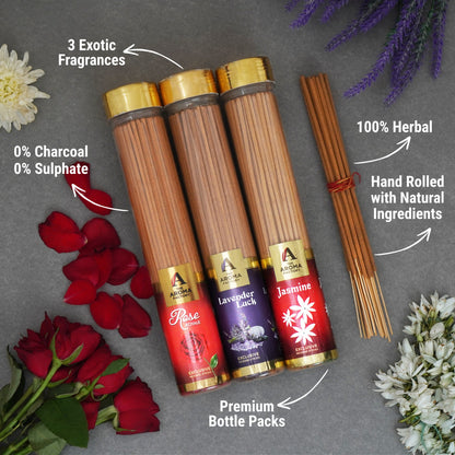 The Aroma Factory Organic Rose,Lavender & Jasmine Agarbatti for Pooja, No Charcoal Incense Sticks,100% Herbal Fragrance Agarbathi, (Bottle Pack of 3x100g)