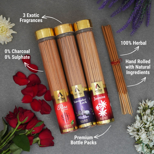 The Aroma Factory Organic Rose,Lavender & Jasmine Agarbatti for Pooja, No Charcoal Incense Sticks,100% Herbal Fragrance Agarbathi, (Bottle Pack of 3x100g)