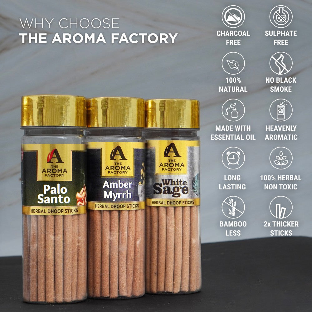 The Aroma Factory Dhoop Batti Set (Palo Santo, Amber & Myrrh, White Sage, Chandan, Oudh & White Woods) Herbal Dhup Sticks in Jute Bag, 5 Bottles x 100g