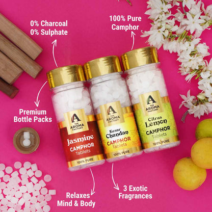 The Aroma Factory 100% Pure Camphor Tablets Jasmine,Kesar Chandan & Citrus Lemon Fragrances Pack of 3 Bottle