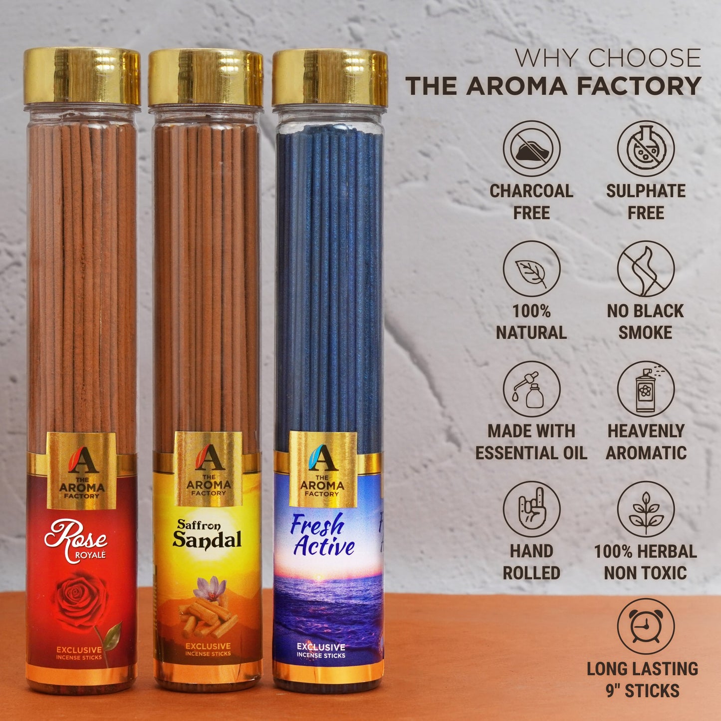 The Aroma Factory Rose,Saffron Sandal & Fresh Active Agarbatti for Pooja,Luxury Incense Sticks,100% Herbal Fragrance Agarbathi (Bottle Pack of 3x100g)