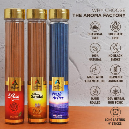 The Aroma Factory Rose,Saffron Sandal & Fresh Active Agarbatti for Pooja,Luxury Incense Sticks,100% Herbal Fragrance Agarbathi (Bottle Pack of 3x100g)
