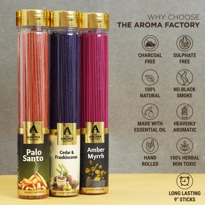 The Aroma Factory Organic Incense Sticks (Herbal Agarbatti for Smudging, Cleansing) 0% Charcoal, 0% Sulphur, 3 x 100g Bottle ( Palo Santo, Cedar & Frankincense & Amber Myrrh)
