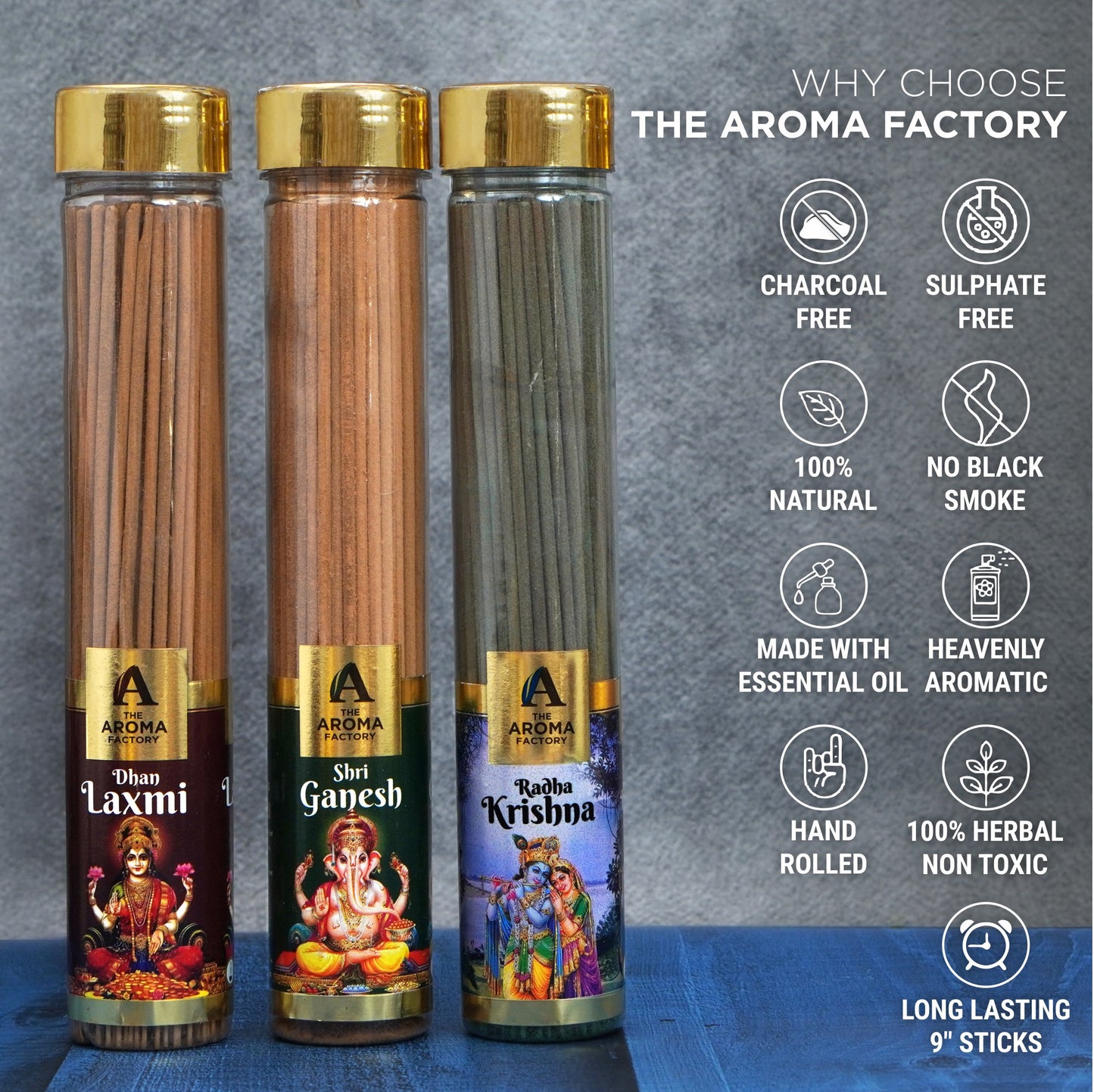 The Aroma Factory Laxmi,Shri Ganesh & Radha Krishna Agarbatti for Pooja,Luxury Incense Sticks,100% Herbal Fragrance Agarbathi (Bottle Pack of 3x100g)