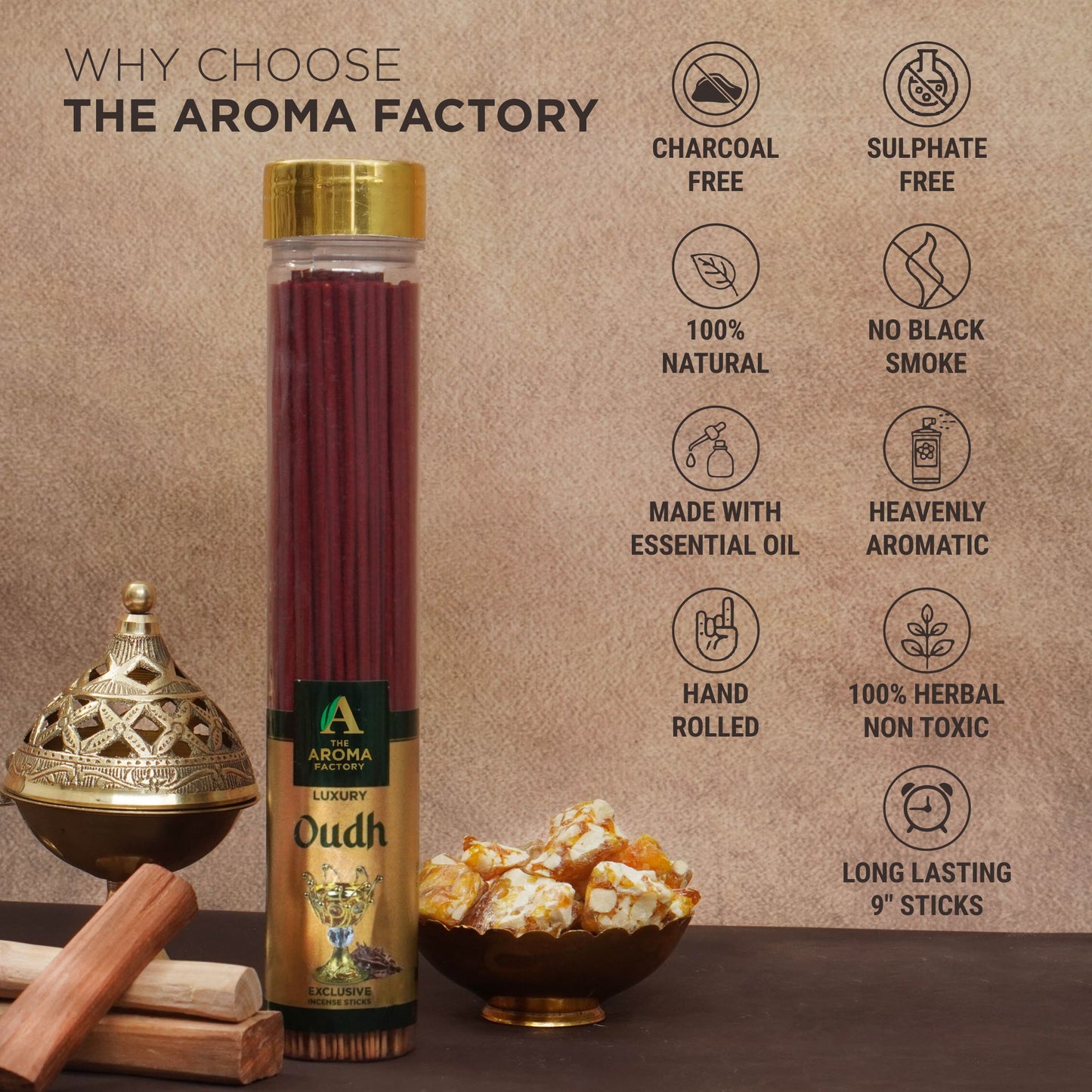 The Aroma Factory Incense Sticks (Oudh, Loban, Attar Jannat ul Firdaus & Rose Agarbatti) 4 bottles, Fragrance Jute Gift Pack